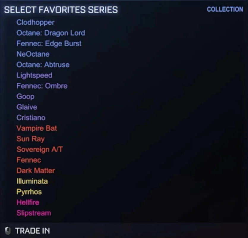 List of Items from the Select Favorites Series in Rocket League